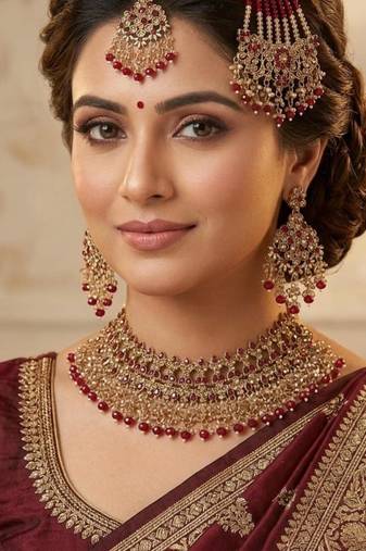 maroon color necklace set with earrings, maang tikka & pasha | kundan & agate stone | gold plated
