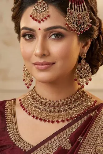 maroon color necklace set with earrings, maang tikka & pasha | kundan & agate stone | gold plated