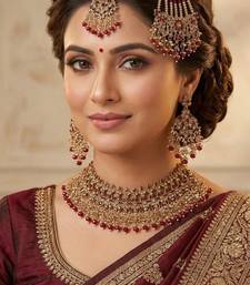 maroon color necklace set with earrings, maang tikka & pasha | kundan & agate stone | gold plated