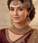 maroon color necklace set with earrings, maang tikka & pasha | kundan & agate stone | gold plated