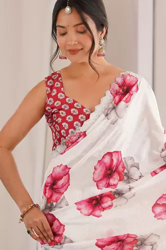 White chiffon digital print siroski diamond work saree