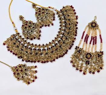 maroon color necklace set with earrings, maang tikka & pasha | kundan & agate stone | gold plated 2