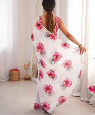 White chiffon digital print siroski diamond work saree 4