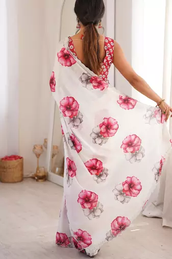 White chiffon digital print siroski diamond work saree