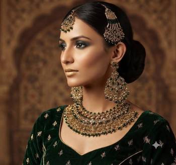 green color necklace set with earrings, maang tikka & pasha | kundan & agate stone | gold plated 1