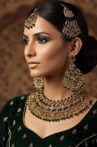green color necklace set with earrings, maang tikka & pasha | kundan & agate stone | gold plated