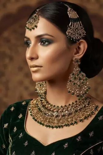 green color necklace set with earrings, maang tikka & pasha | kundan & agate stone | gold plated
