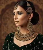 green color necklace set with earrings, maang tikka & pasha | kundan & agate stone | gold plated