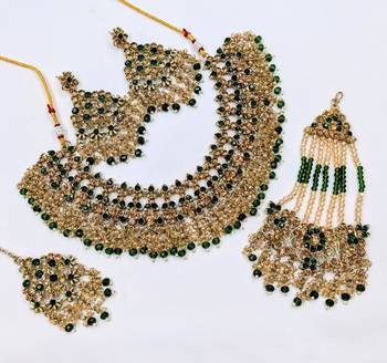 green color necklace set with earrings, maang tikka & pasha | kundan & agate stone | gold plated 2