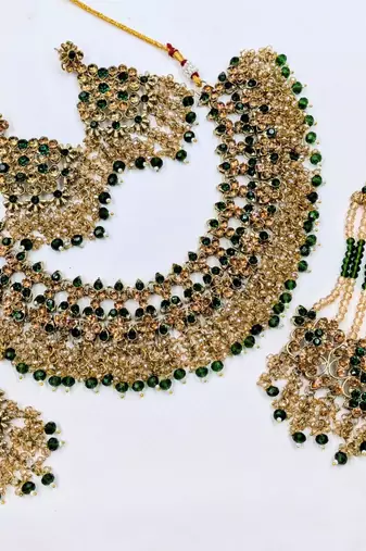 green color necklace set with earrings, maang tikka & pasha | kundan & agate stone | gold plated