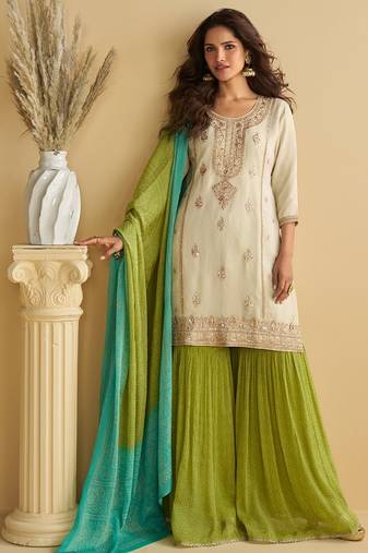 white chinon readymade suit with embroidery & codding work