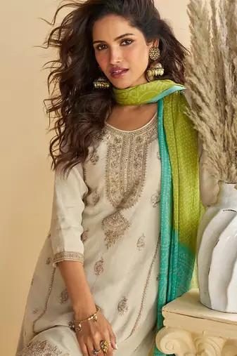 white chinon readymade suit with embroidery & codding work