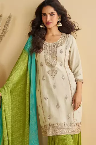 white chinon readymade suit with embroidery & codding work