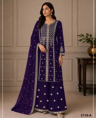 violet georgette semi stitched suit with embroidery & sequence work 1