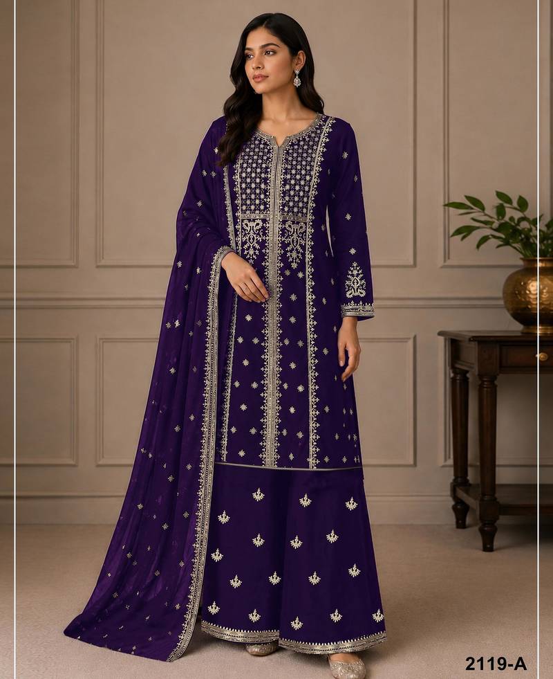 violet georgette semi stitched suit with embroidery & sequence work