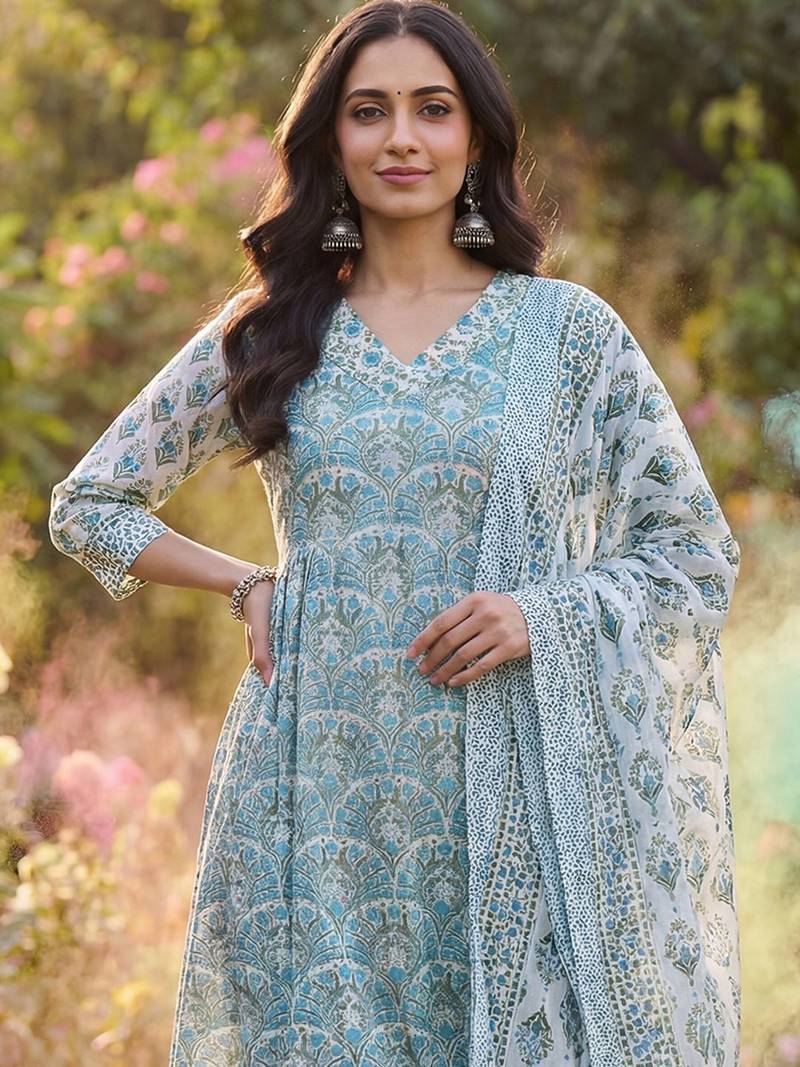 Women Ethnic Motifs Printed Cotton Kurta with Trousers & With Dupatta