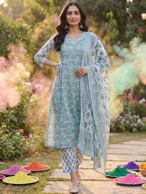 Women Ethnic Motifs Printed Cotton Kurta with Trousers & With Dupatta 2