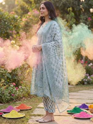 Women Ethnic Motifs Printed Cotton Kurta with Trousers & With Dupatta 4
