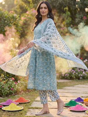 Women Ethnic Motifs Printed Cotton Kurta with Trousers & With Dupatta 5