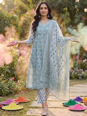 Women Ethnic Motifs Printed Cotton Kurta with Trousers & With Dupatta 7