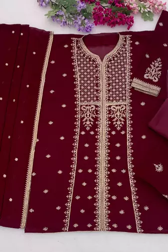 maroon georgette semi stitched suit with embroidery & sequence work