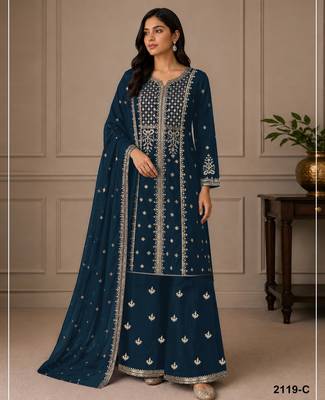 navy georgette semi stitched suit with embroidery & sequence work 1
