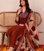 Women Ethnic Motifs Yoke Design Empire Thread Work Cotton Kurta with Trousers & With Dupatta