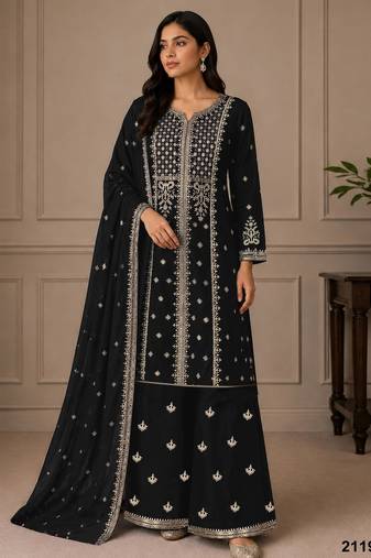 black georgette semi stitched suit with embroidery & sequence work