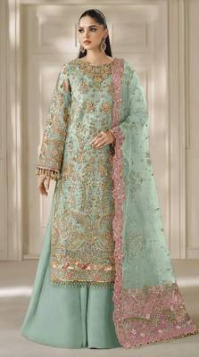 sea green chiffon semi stitched suit with embroidery & sequence work 1
