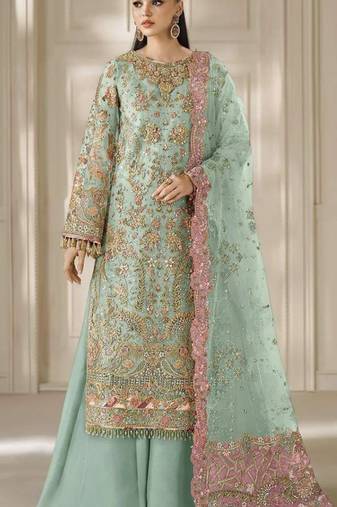 sea green chiffon semi stitched suit with embroidery & sequence work
