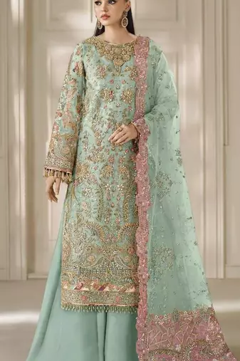 sea green chiffon semi stitched suit with embroidery & sequence work