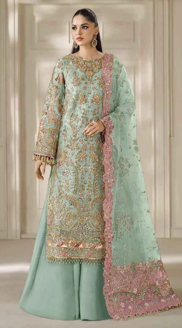 sea green chiffon semi stitched suit with embroidery & sequence work