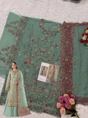 sea green chiffon semi stitched suit with embroidery & sequence work 2