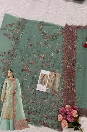 sea green chiffon semi stitched suit with embroidery & sequence work