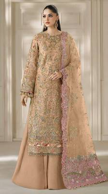 orange chiffon semi stitched suit with embroidery & sequence work 1