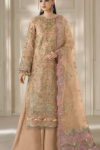 orange chiffon semi stitched suit with embroidery & sequence work