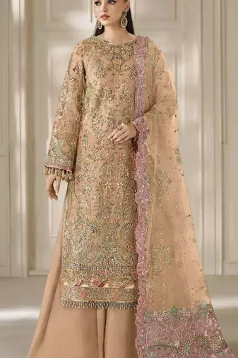 orange chiffon semi stitched suit with embroidery & sequence work