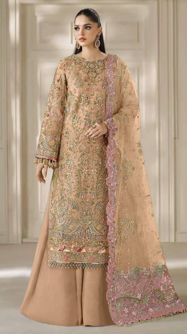 orange chiffon semi stitched suit with embroidery & sequence work
