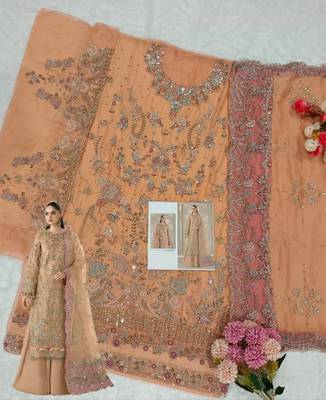 orange chiffon semi stitched suit with embroidery & sequence work 2