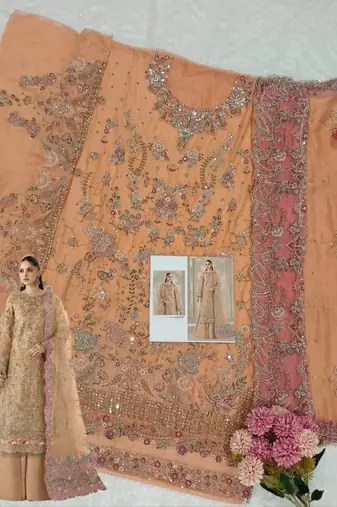 orange chiffon semi stitched suit with embroidery & sequence work