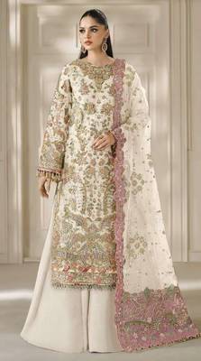 white chiffon semi stitched suit with embroidery & sequence work 1