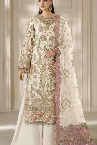 white chiffon semi stitched suit with embroidery & sequence work