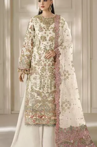 white chiffon semi stitched suit with embroidery & sequence work