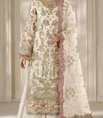 white chiffon semi stitched suit with embroidery & sequence work