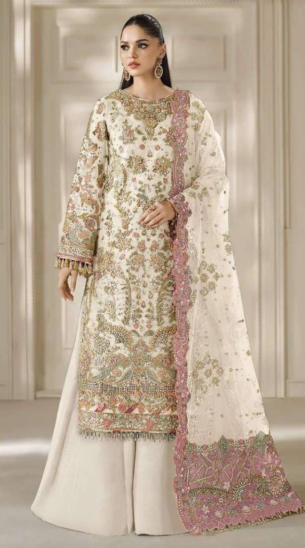 white chiffon semi stitched suit with embroidery & sequence work