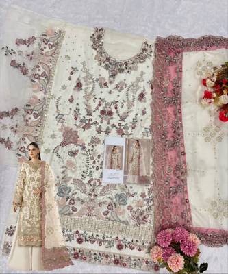 white chiffon semi stitched suit with embroidery & sequence work 2