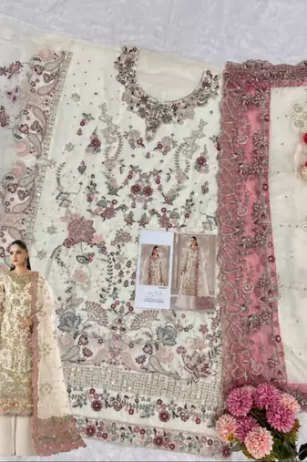 white chiffon semi stitched suit with embroidery & sequence work