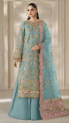 blue chiffon semi stitched suit with embroidery & sequence work 1