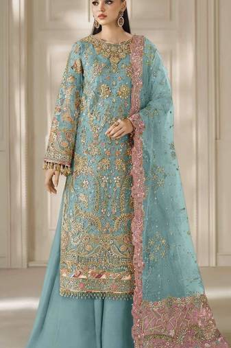 blue chiffon semi stitched suit with embroidery & sequence work