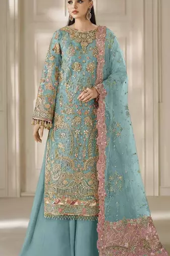 blue chiffon semi stitched suit with embroidery & sequence work